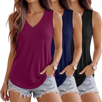 Huukeay 3 Pack Womens Sleeveless Tops Casual Loose Fit Tank Tops V Neck Summer T Shirts Trendy Ladies Vacation Clothes