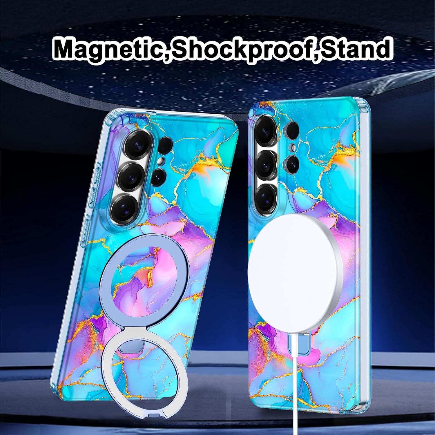 Magnetic for Galaxy S26 Ultra Case with Invisible Ring Stand[Compatible with MagSafe] Full Body Slim Women Girl Shockproof Marble Pattern Design Case for Samsung Galaxy S26 Ultra,Blue/Pink