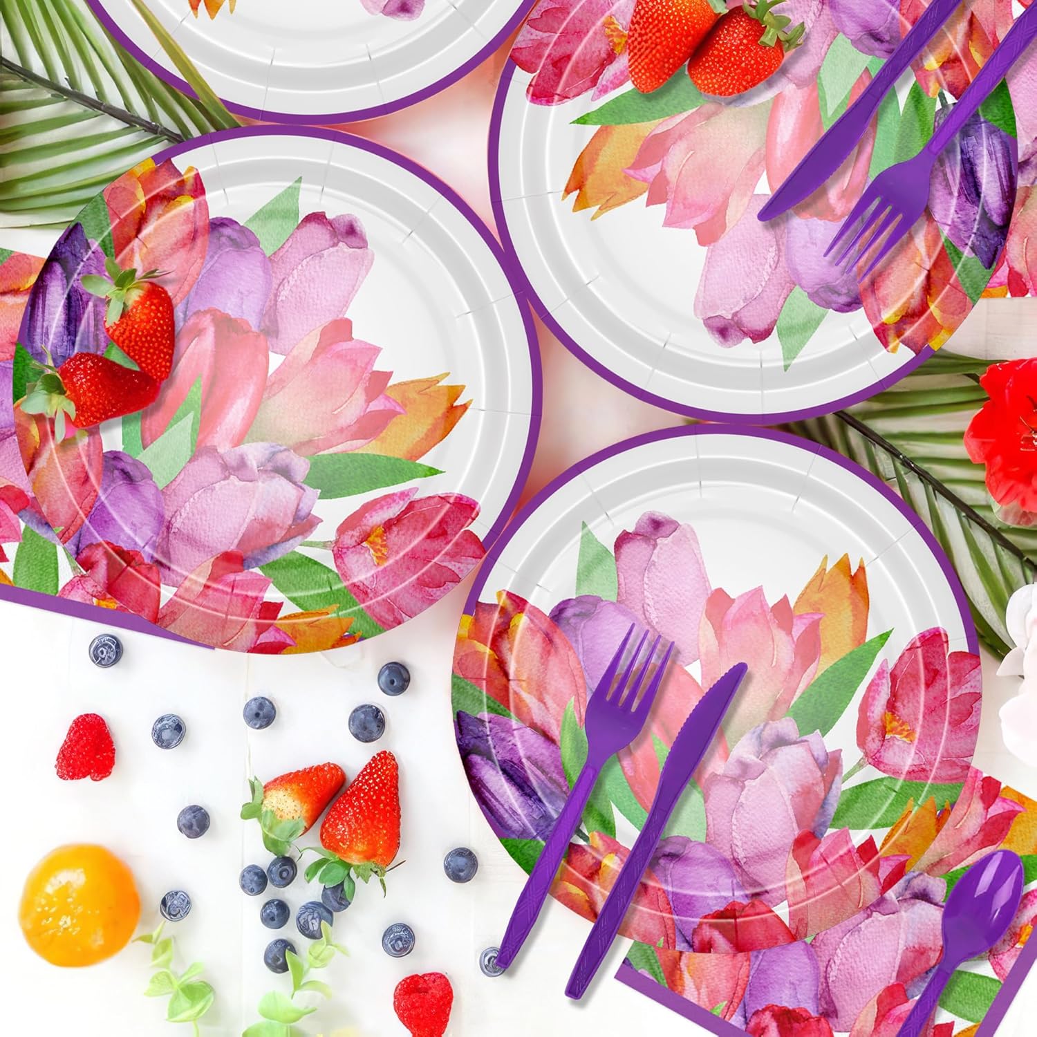 APOWBLS Tulip Floral Party Decorations Tableware, Spring Summer Tulip Flower Party Supplies for Birthday Baby Shower Tea, Paper Plate, Cup, Napkin, Tablecloth, Cutlery | Serve 24