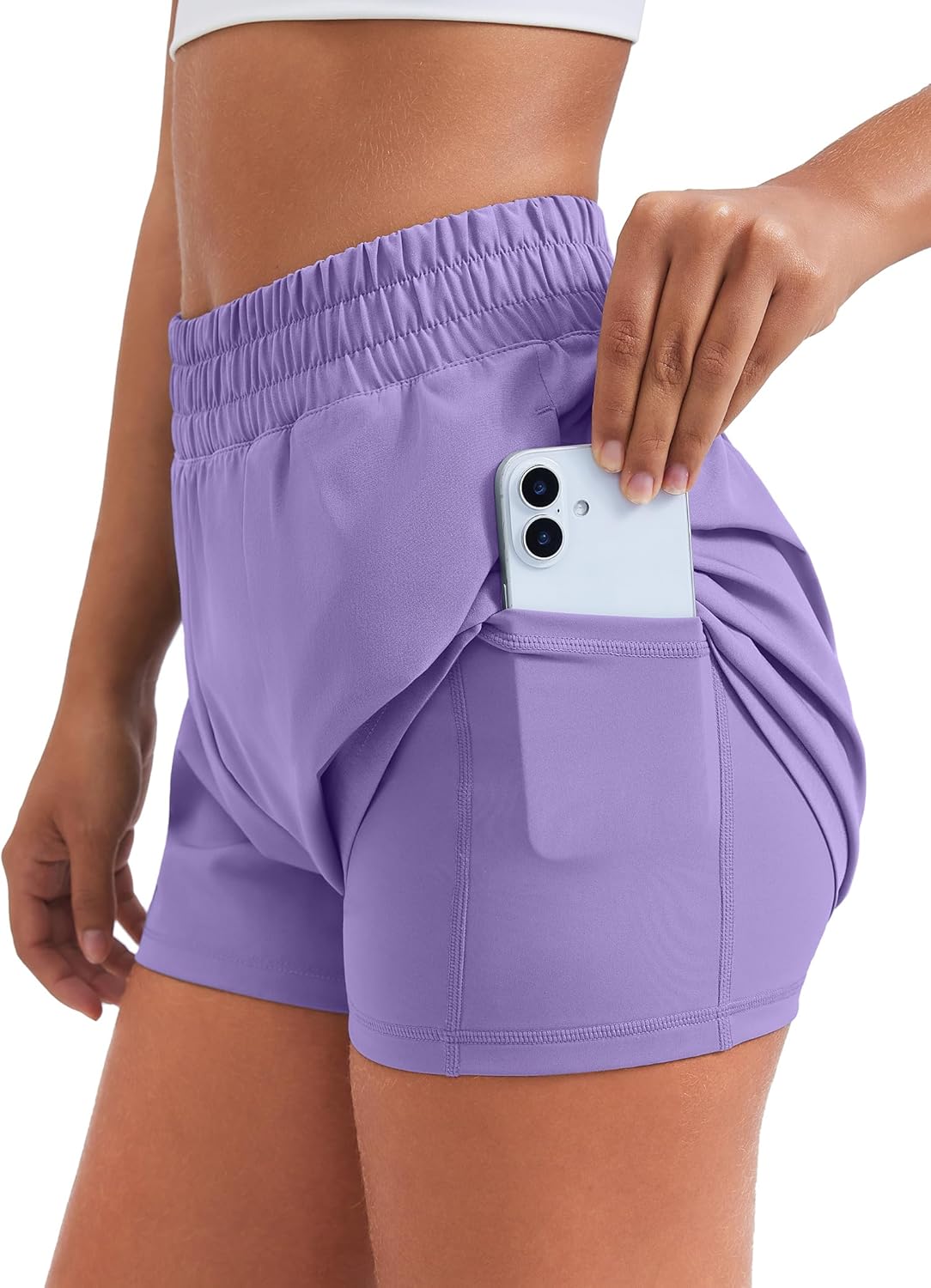 PINSPARK Women's 2 in 1 Running Shorts Quick Dry 2.5" Athletic Shorts High Waisted Workout Shorts with 4 Pockets - Image 4