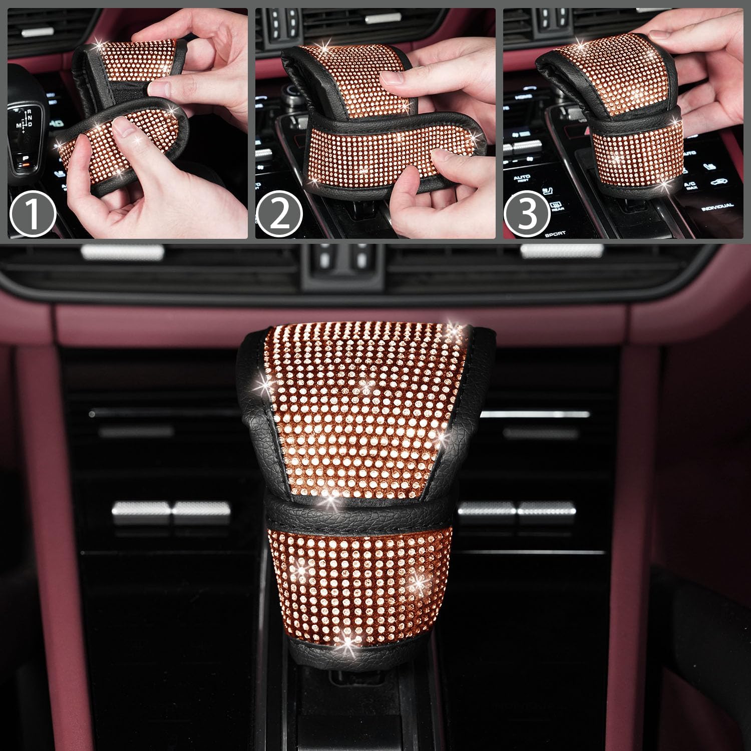 NBTEPEM 8 pcs Bling Car Accessories Set for Women, Steering Wheel Cover, Sparkly Seat Belt Covers, Bling Gear Shift Cover, Universal Fit Most Cars (Gold Champagne Diamond) - Image 4