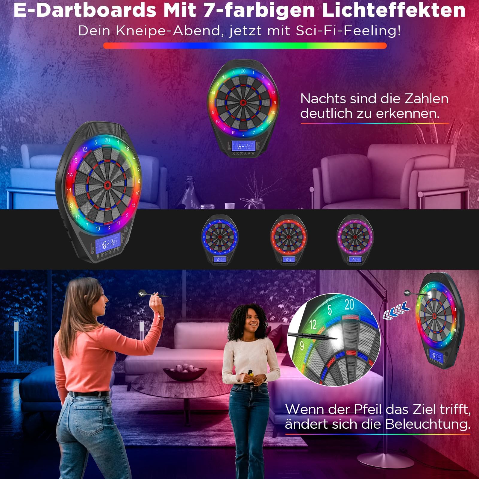 Dartscheibe Elektronisch mit LED-Lichtmodi, Automatische Punktzählung LCD, 34 Spiele & 72 Varianten, Soft/Steeldart geeignet, Komplettset mit 12 Pfeilen + 100 Ersatzspitzen, Type-C Aufladung