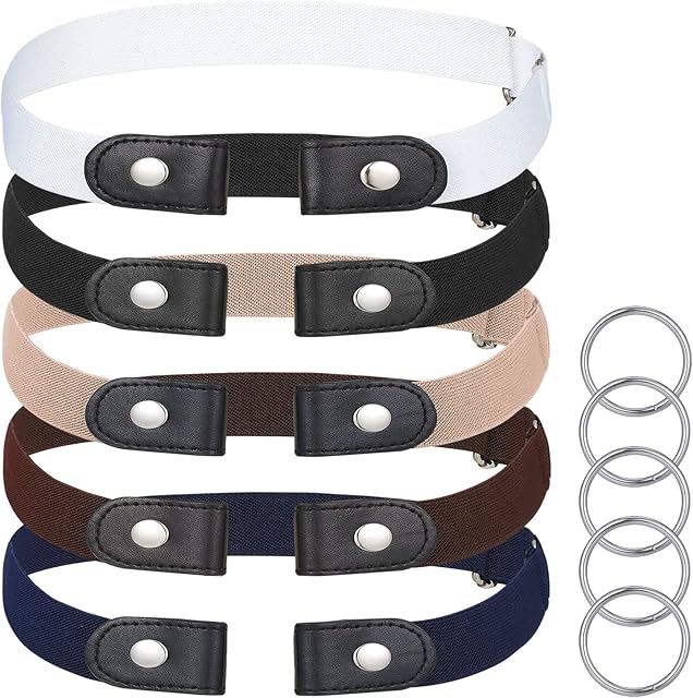 metagio 5 Pcs No Buckle Elastic Belt for Women Men, Buckle Free Elastic Belt Invisible Durable Adjustable Elastic Waist Belt Buckleless Stretch Belt for Jeans Pants Dress