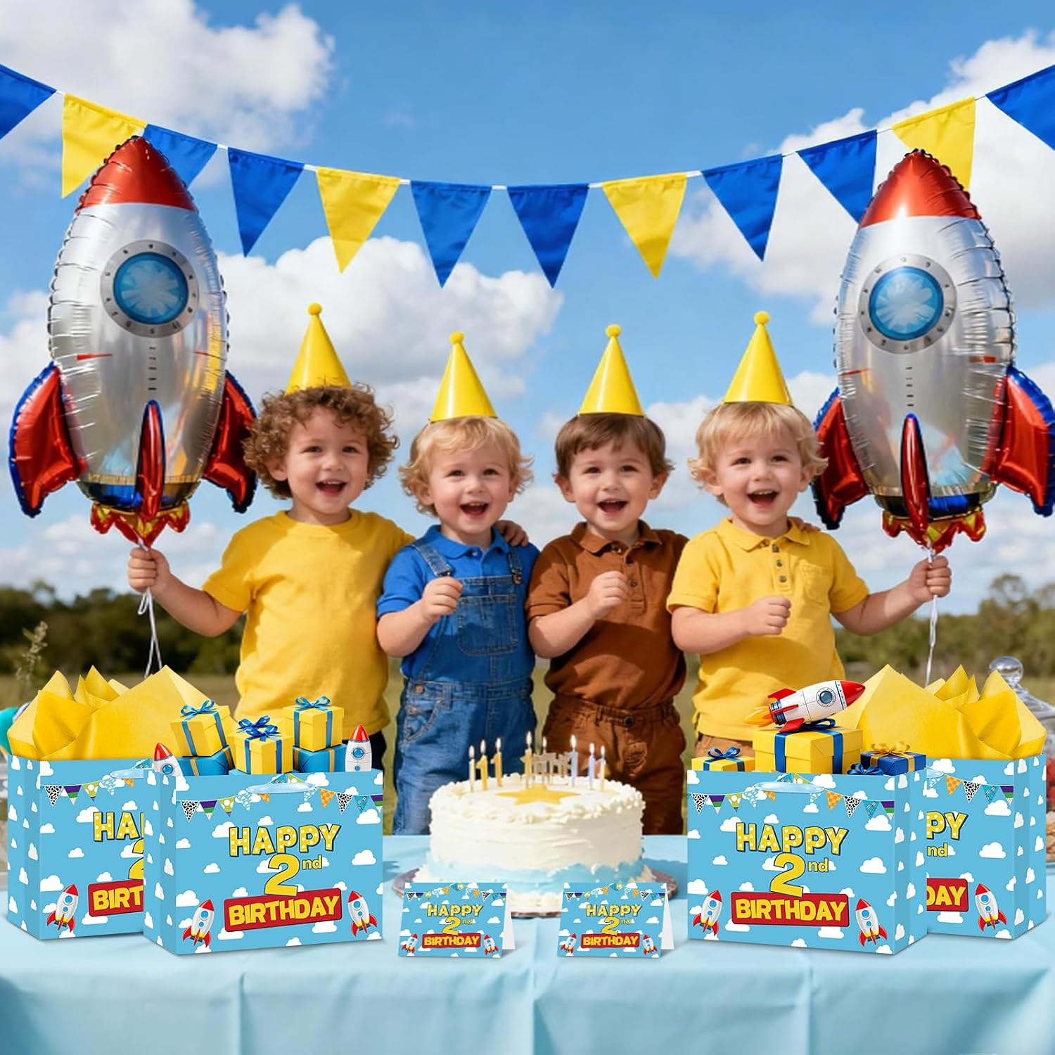 TagreSpike Cartoon Story 2nd Birthday Gift Bag with Tissue Papers and Card, Blue Sky White Clouds 2nd Birthday Gift Wrapping Paper Bag for Kids Story Theme 2 Years Old Party Favors Decorations