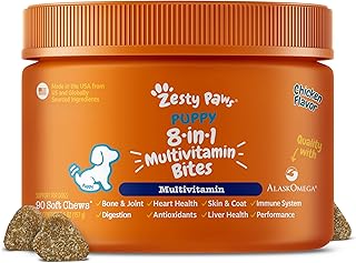 Zesty Paws Dog Multivitamin, Chewable Dog Vitamins and Supplements for Hip & Joints, Skin & Coat, Omega 3 Fish Oil for Dogs- Puppy Multivitamin - Chicken Puppy Bites- 90ct