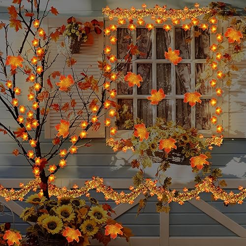 Miniatura 6 de Decoraciones de otoño, guirnalda de oropel con purpurina de 33 pies, 40 luces LED de hojas de arce, hojas de arce artificiales para boda, calabaza,