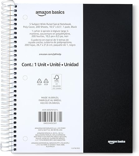 Miniatura 7 de Yaxa Basics - Cuaderno espiralado con rayas universitarias para 1 asignatura, cubierta de poliéster, 100 hojas, 8-1/2" x 11", paquete de 3