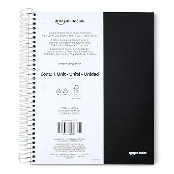 Amazon Basics Wide Ruled Spiral Notebook, Poly Cover, 5 Subject, For Work and School, 200 Sheets, 8.5" x 10.5", Black, 1-Pack