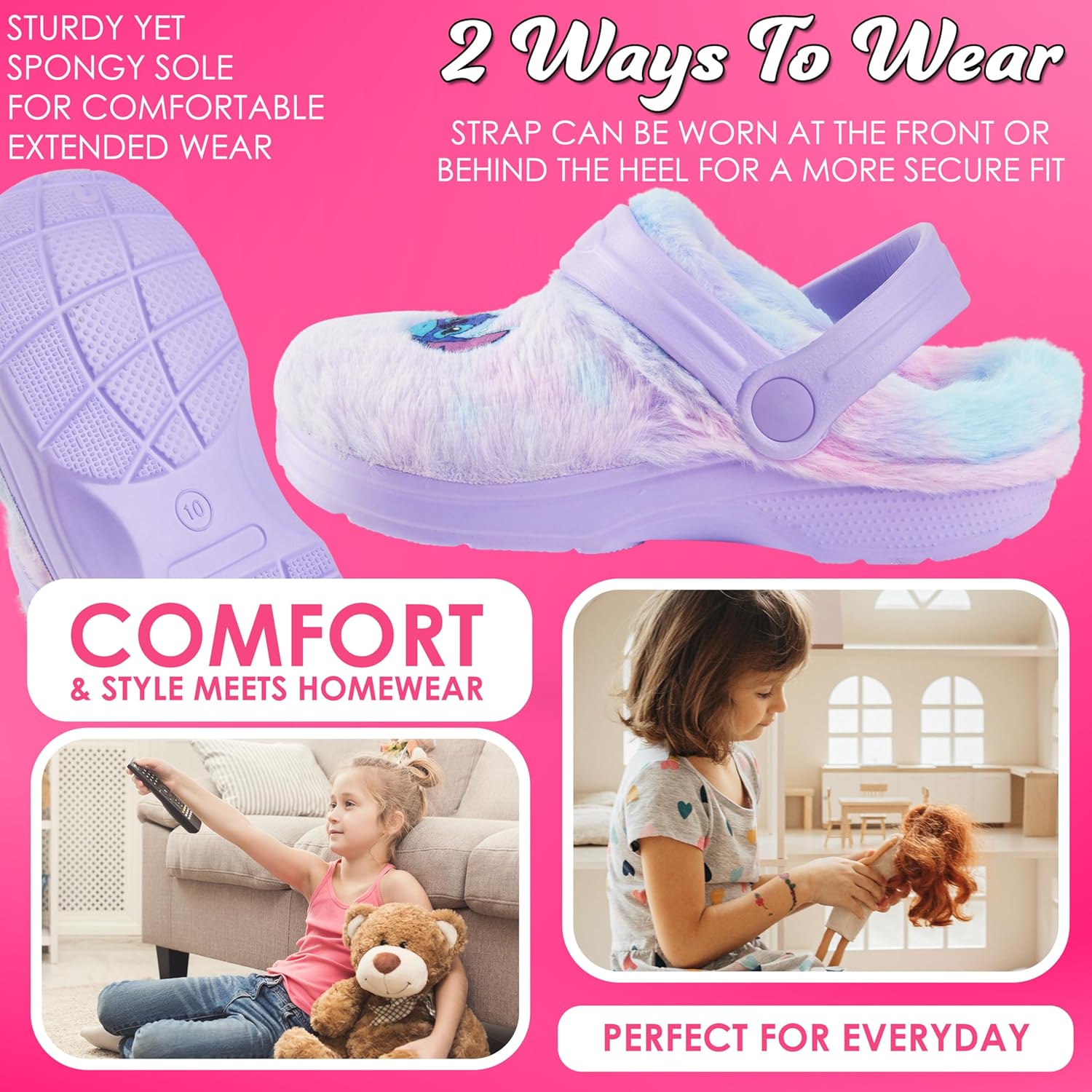 Disney Stitch Clogs for Girls, Teens, Faux Fur Slip-On Clog Slippers, Non-Slip Sole, Cozy Fluffy Shoes, for Girls (13.5 US, Purple) - Image 4