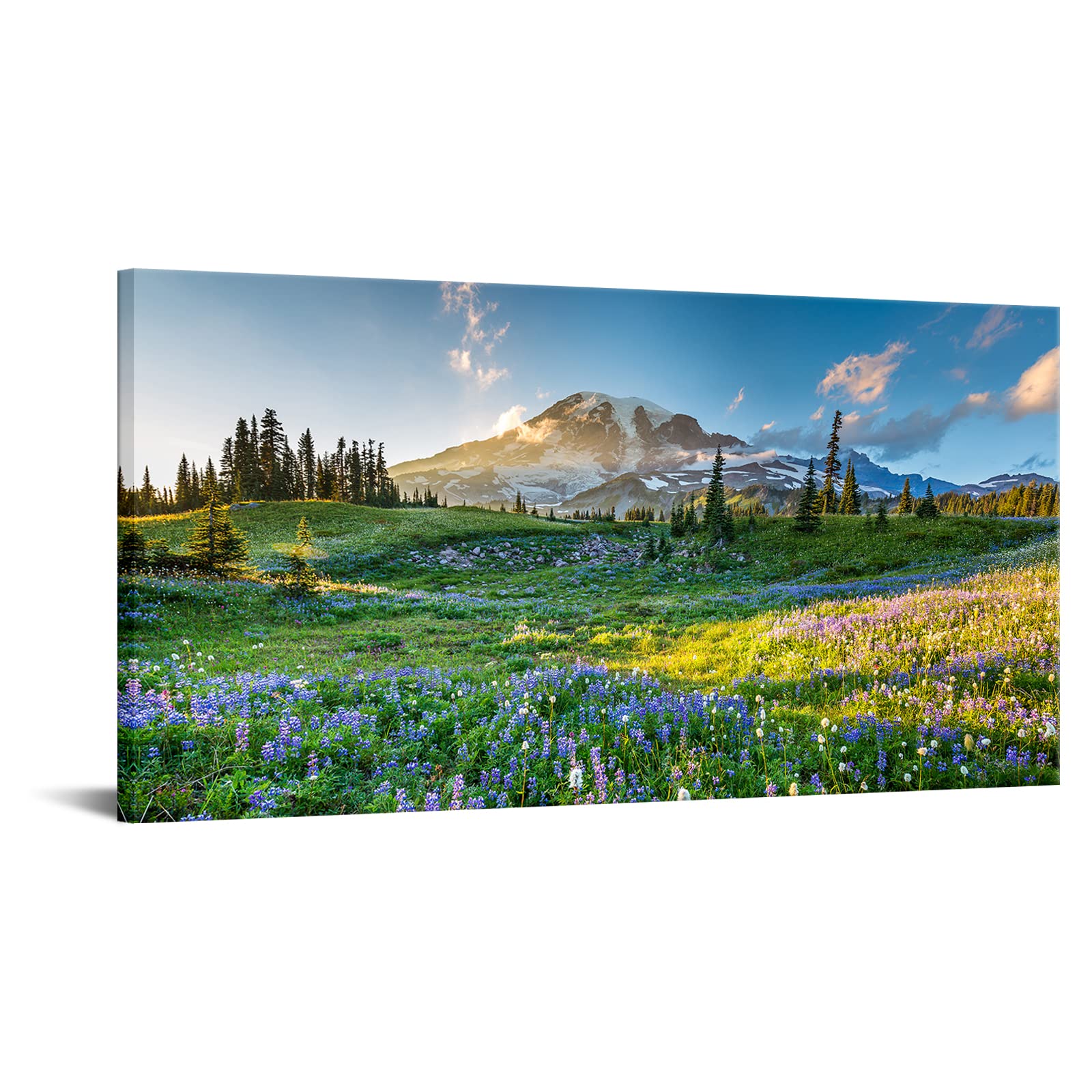 LevvArts Large Mountain Landscape Wall Art Beautiful Mount Rainier at Sunrise Scenery Picture Canvas Print National Park Poster Painting for Modern Home Living Room Decor Ready to Hang 24x48 Inch