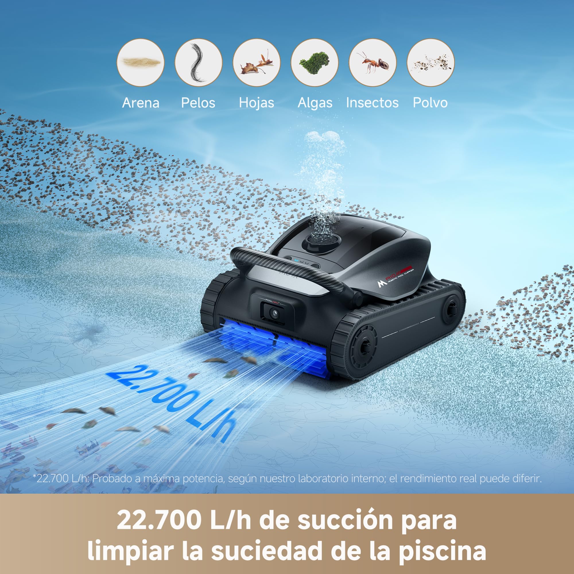 Robot Limpiador de Piscinas MOVA Diver A10, 22.700 l/h de Succión, 240 Min. de Funcionamiento, Limpieza de Bordes y Planificación de Rutas con IA, Doble Limpieza de Líneas de Agua, Gran Filtro de