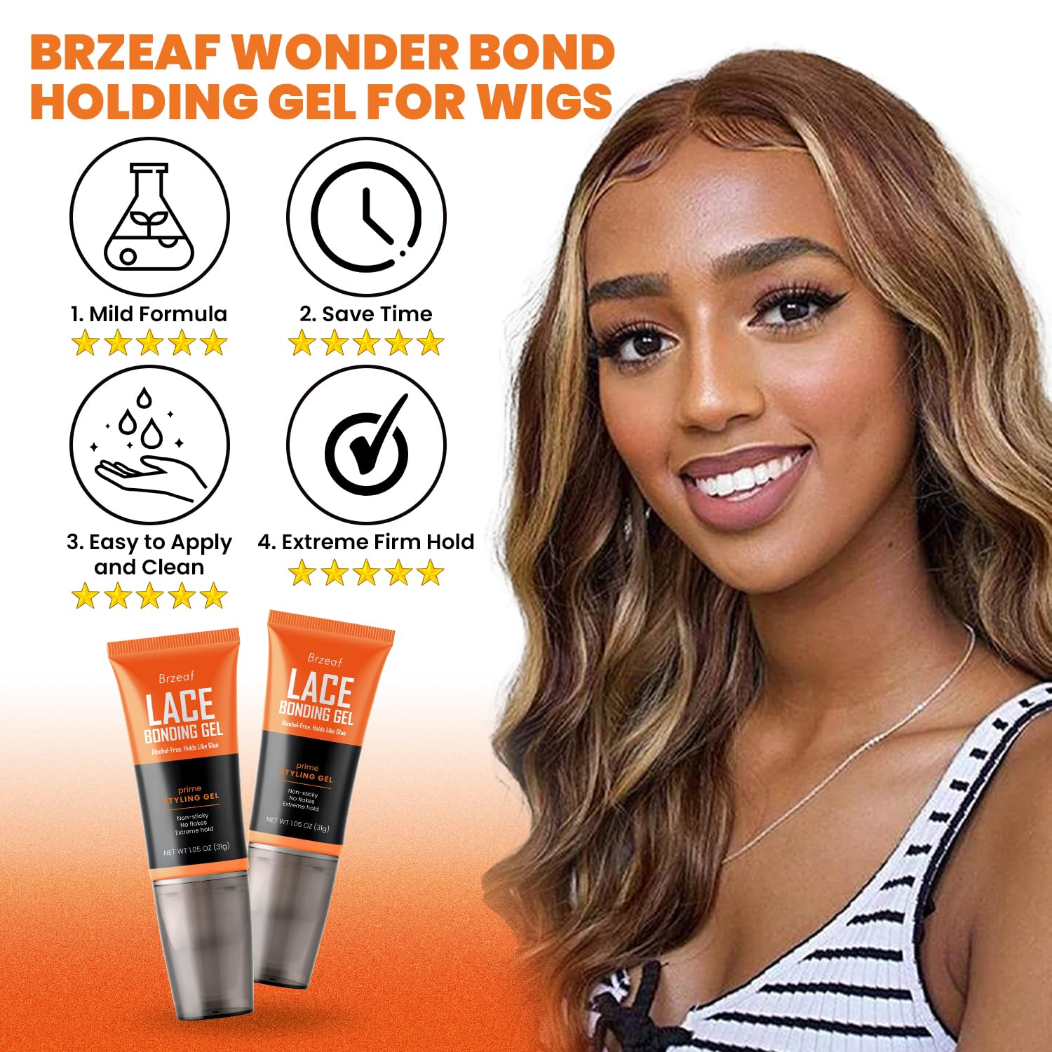 Brzeaf Lace Bonding Gel, Wig Glue, Glueless& Skin-Friendly Formula, Lace Glue for Wigs, New Brush Head Design, Temporary Daily for Hair for Women & Men
