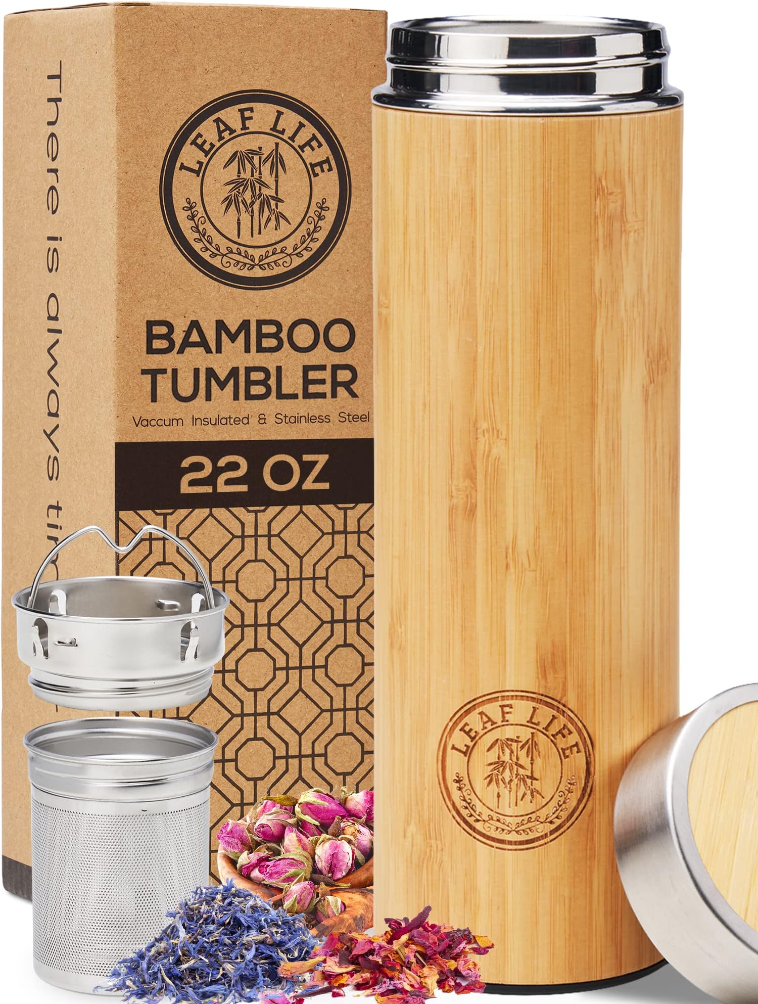 LeafLife Sustainable Bamboo Tumbler with Tea Infuser & Strainer 22oz - Keeps Liquid Hot Cold for 12 Hrs Vacuum Insulated Stainless Steel Travel Mug Bottle Loose Leaf Coffee, Silver