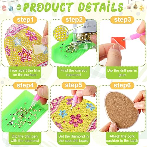 Miniatura 5 de FairySandy 10 posavasos de pintura de diamante de Pascua, posavasos de arte de diamante con soporte para huevos, posavasos de diamante 5D, kit de