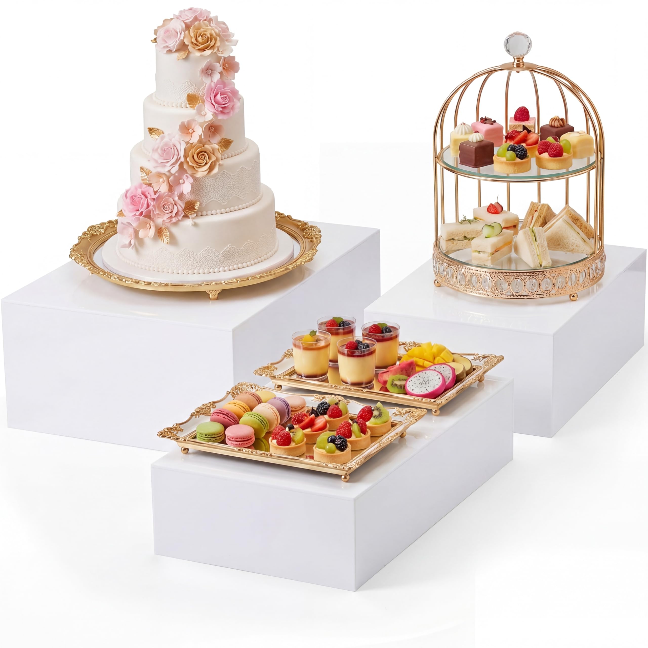 Photo 1 of BrightRow 3 Pack Extra Large Acrylic Buffet Risers - 14” 13” 12” Cube Display Stands with Hollow Bottoms, Table Display Boxes Set for Food Dessert Cake Drink Catering Party Supplies