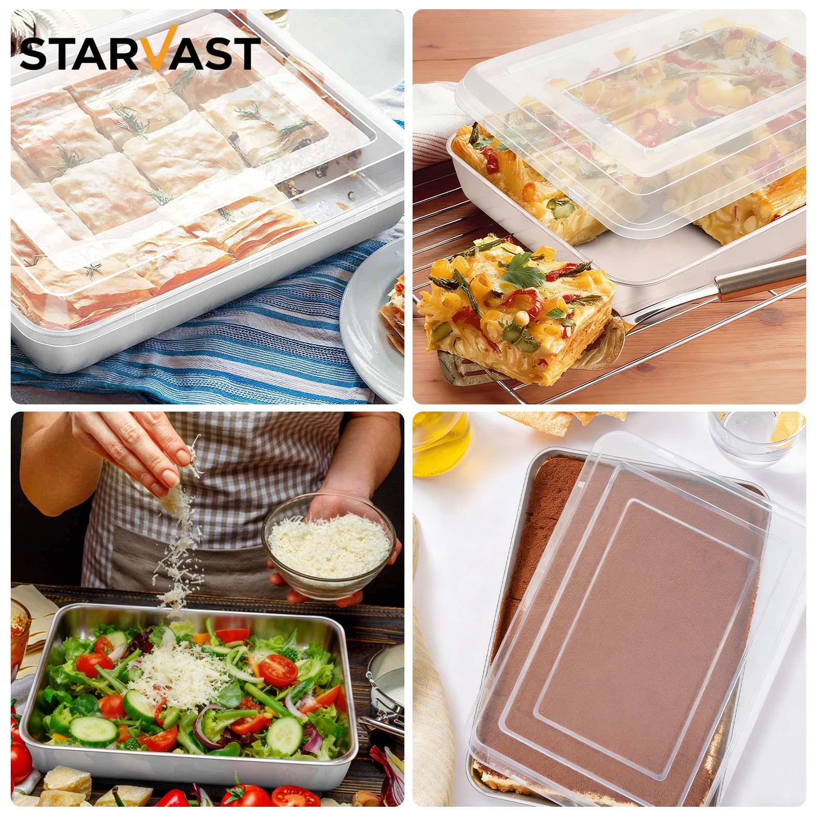 STARVAST 3 teglia da forno profonda con coperchio, 31 x 24 x 5 cm, in acciaio inox, rettangolare, per cottura a secco, ideale per torte di brownie e lasagna, finitura a specchio e panno