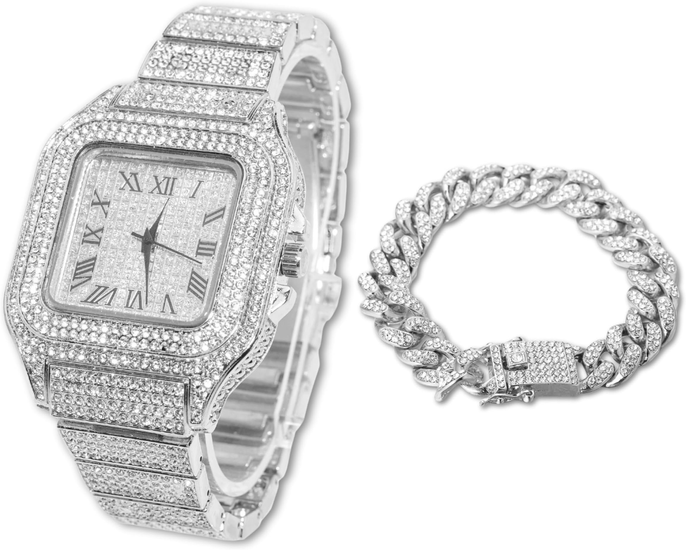 Men’s Watch - The King - 18K Gold/Platinum Plated, 40MM Square Dial, Iced Out Wristband, with Cuban Link Chain Necklace and Bracelet Set Optional, Comes in Giftbox