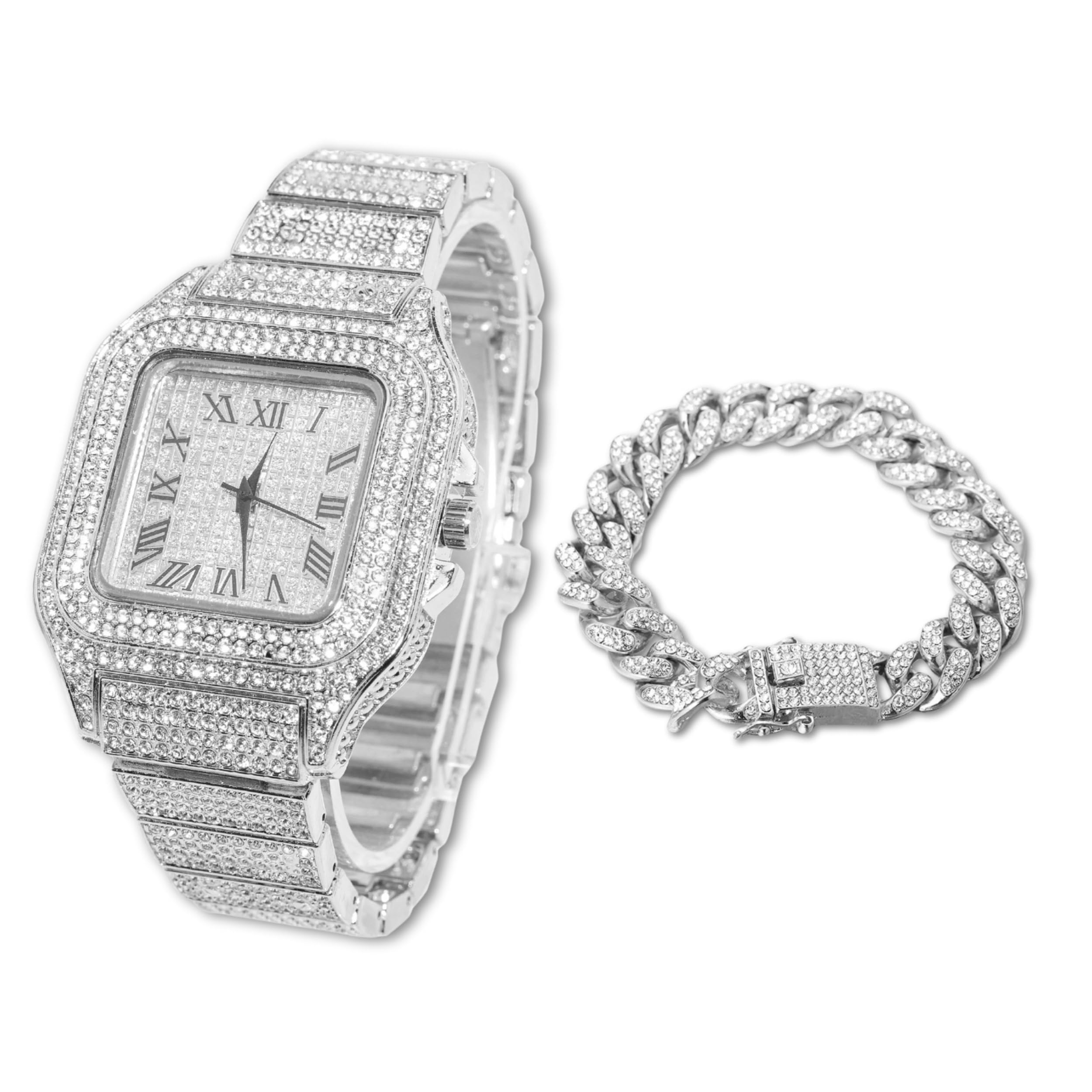 Men’s Watch - The King - 18K Gold/Platinum Plated, 40MM Square Dial, Iced Out Wristband, with Cuban Link Chain Necklace and Bracelet Set Optional, Comes in Giftbox