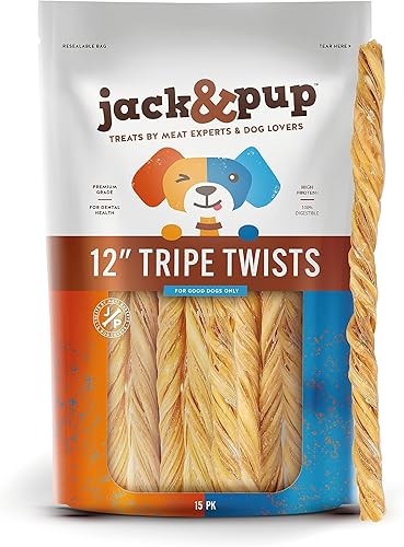 Jack&Pup - Tripe Twist de 12 pulgadas para perros, masticables sin cuero crudo de larga duración Golosinas para perros bajos en calorías de un solo