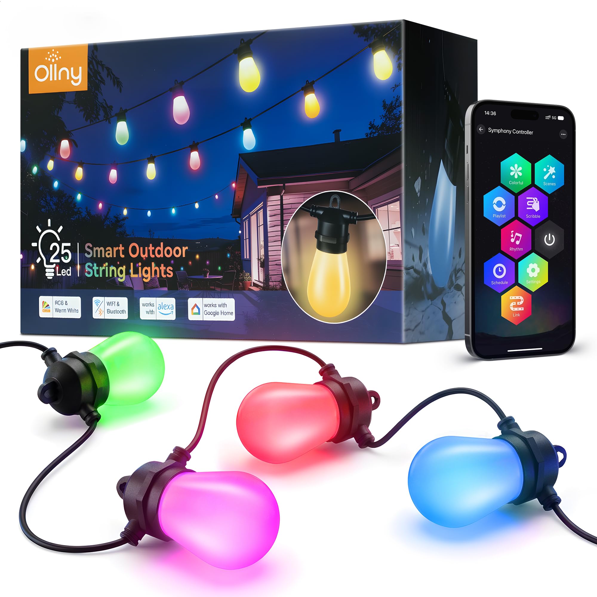 Ollny Festoon Lights Outdoor 20M, RGBW String Lights with S14 Bulbs, IP65 Waterproof Dimmable Smart Garden Lights, 90+ Scene Modes, App & Voice Control with Alexa/Google Assistant for Backyard Party