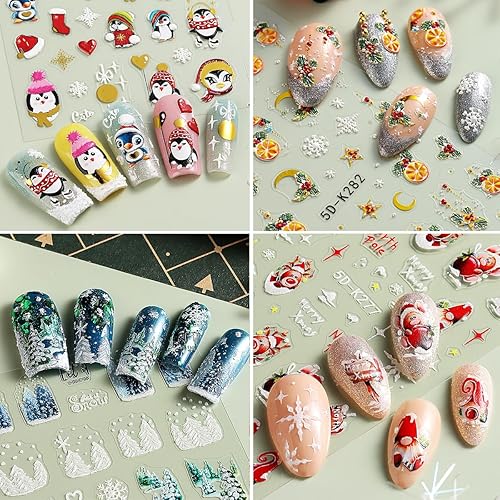 Miniatura 7 de 4 hojas de calcomanías de uñas de Navidad, calcomanías de arte de uñas de invierno 5D para uñas de gel, lindos pingüinos, ciervos, limoneros,