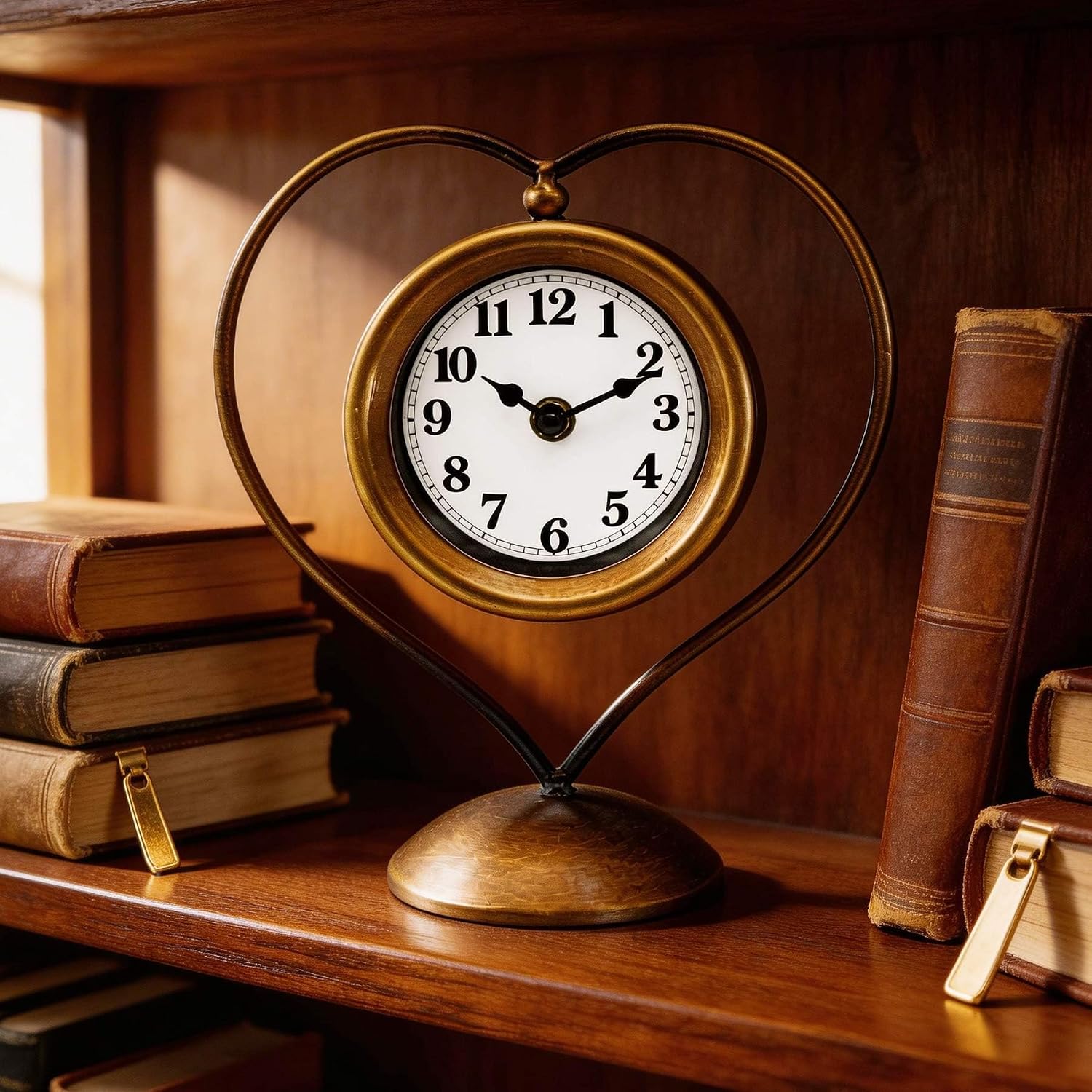 Gold Metal Heart Table Clock, Vintage Retro Desk Clock for Women, Romantic Home Decor, Ideal Gift for Her Birthday Anniversary
