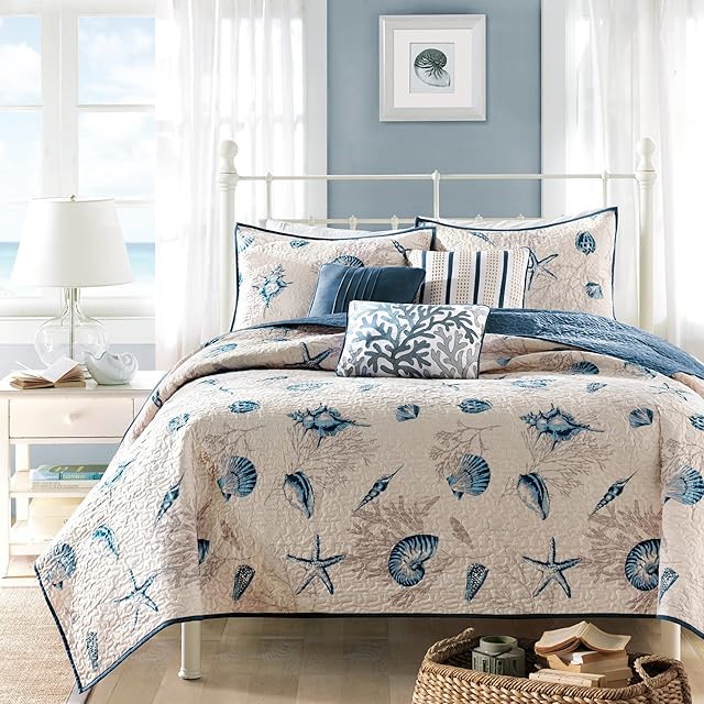 Madison Park Quilt Set Cottage Coastal Design, Starfish Print - All Season, Coverlet Bedspread Lightweight Bedding Layer, Shams, Toss Pillows, Full/Queen(90"x90"), Bayside Blue/Ivory 6 Piece