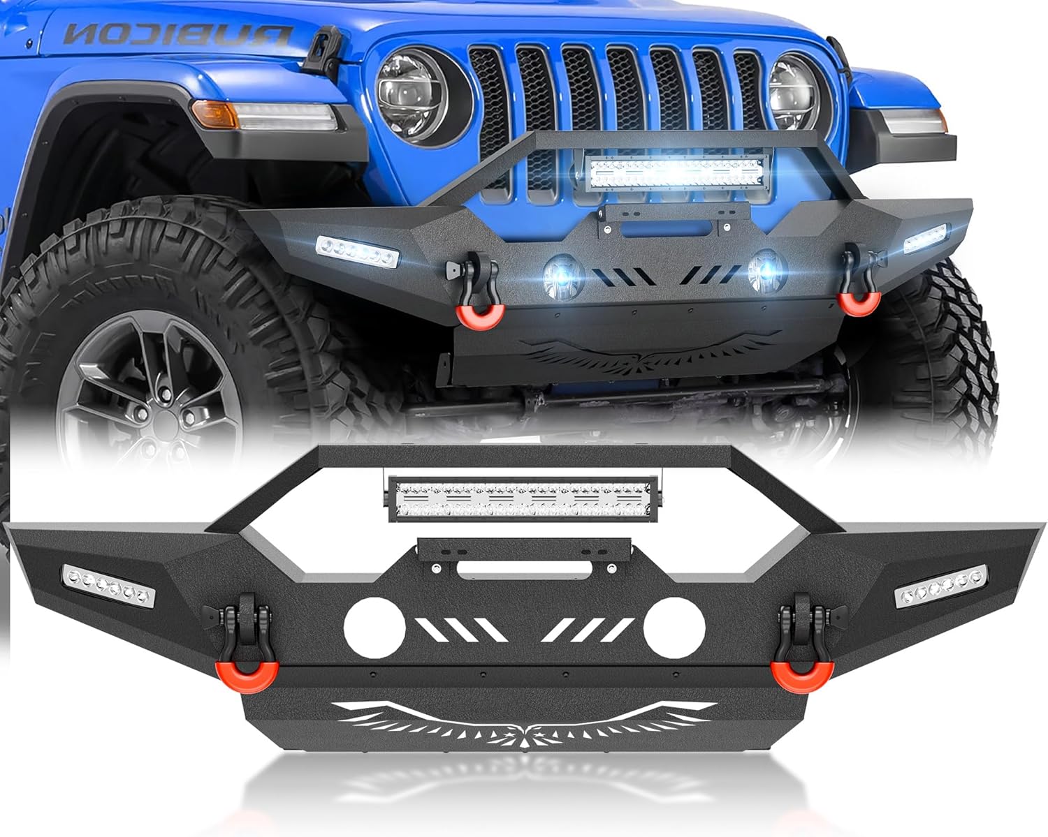 for JL Front Bumper with Skid Plate Compatible with 2018 2019 2020 2021 2022 2023 2024 2025 2026 Jeep Wrangler JL JLU with Winch Plate, LED Lights, License Plate Frame, Fog Light Hole & D-rings