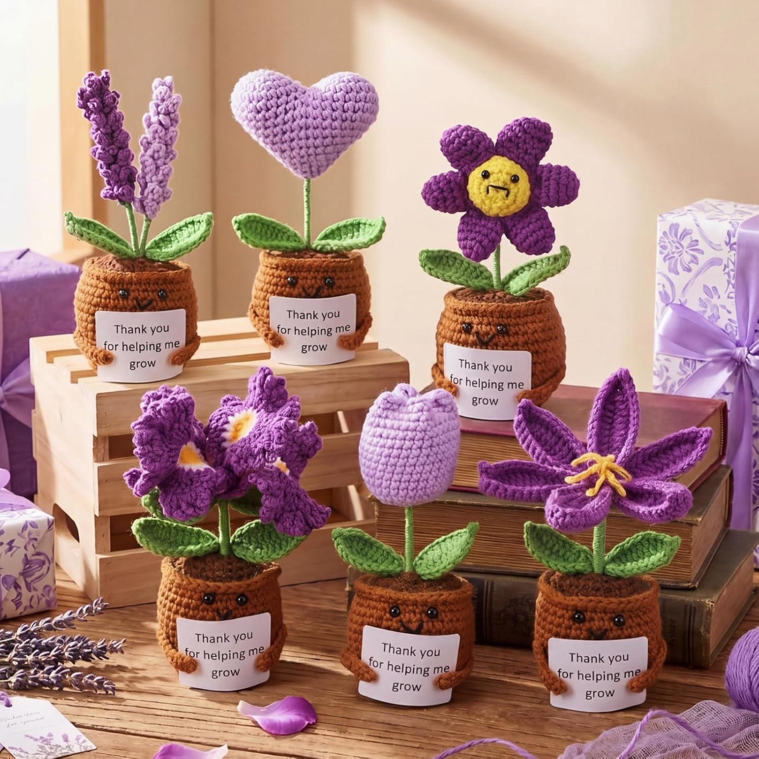 Threehoney 6 Pcs Teacher Appreciation Gifts Thank You for Helping Me Grow Gifts Emotional Handmade Positive Flower Crochet with Card Thank You Crochet for Women Teacher Birthday