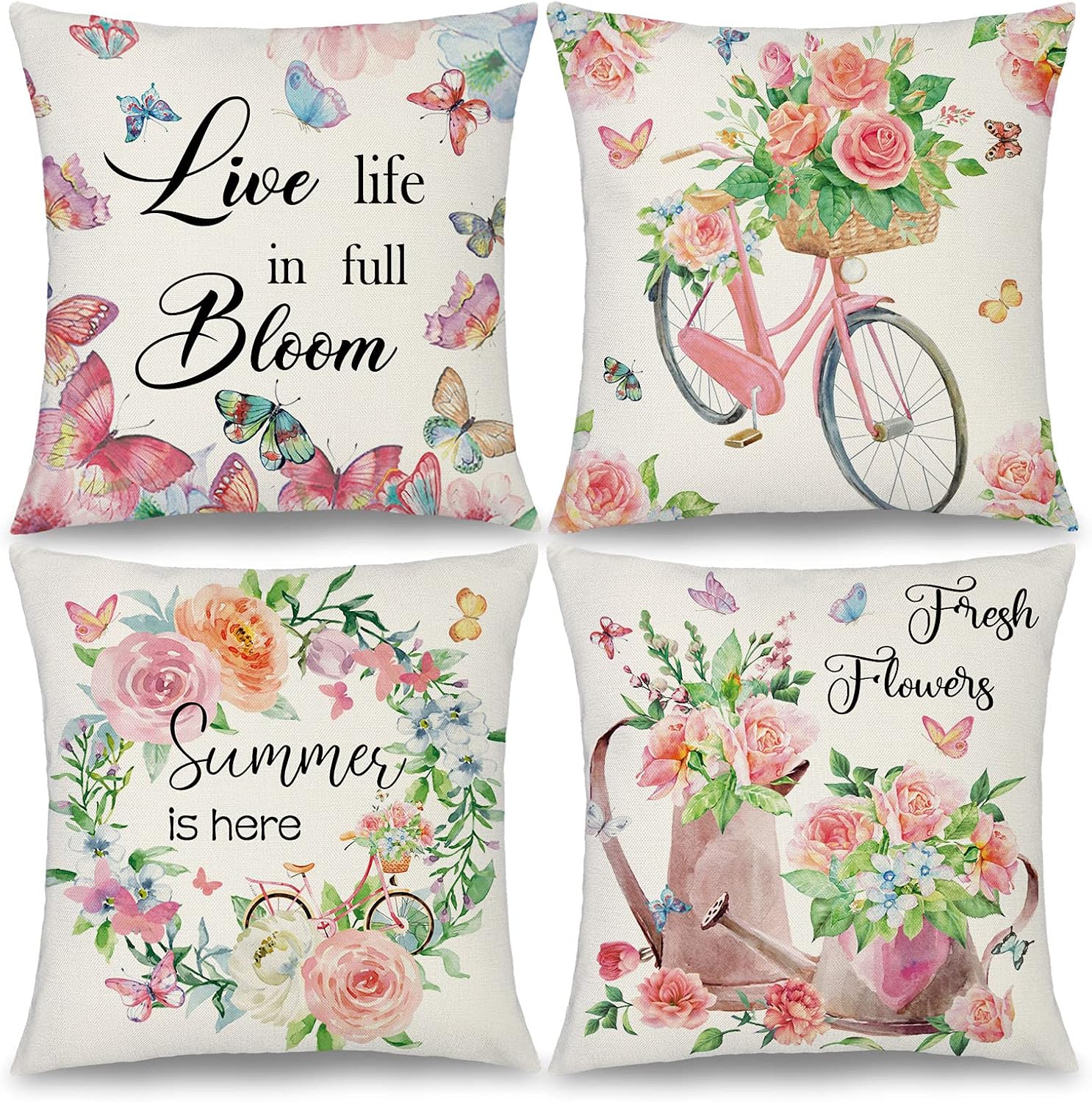 Binfemcy Farmhouse Square Pillow Cover 18x18 Summer Flower Wreath Butterfly Decorative Throw Pillows Set of 4 Soft Comfortable Linen Cushion Case Outdoor Pillowslips for Car Sofa Couch Patio Bench
