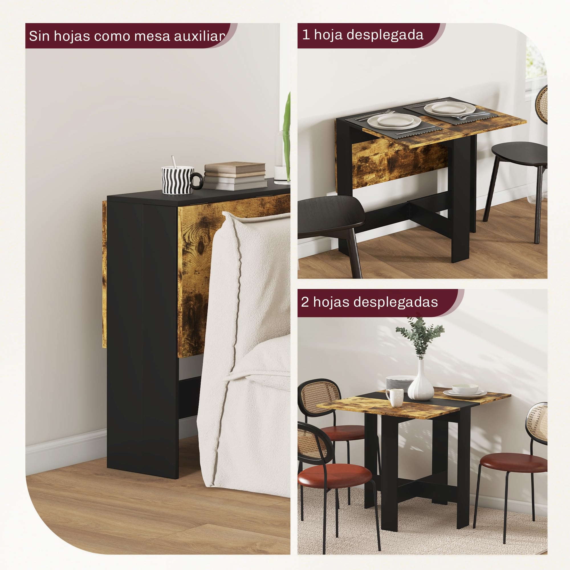 HOMCOM Mesa Plegable de Comedor Alas Abatibles Negro y Marrón Rústico | Mesa de Cocina Plegable, con Alas Abatibles, para Salón, Espacio Pequeño, 103x76x73,5cm