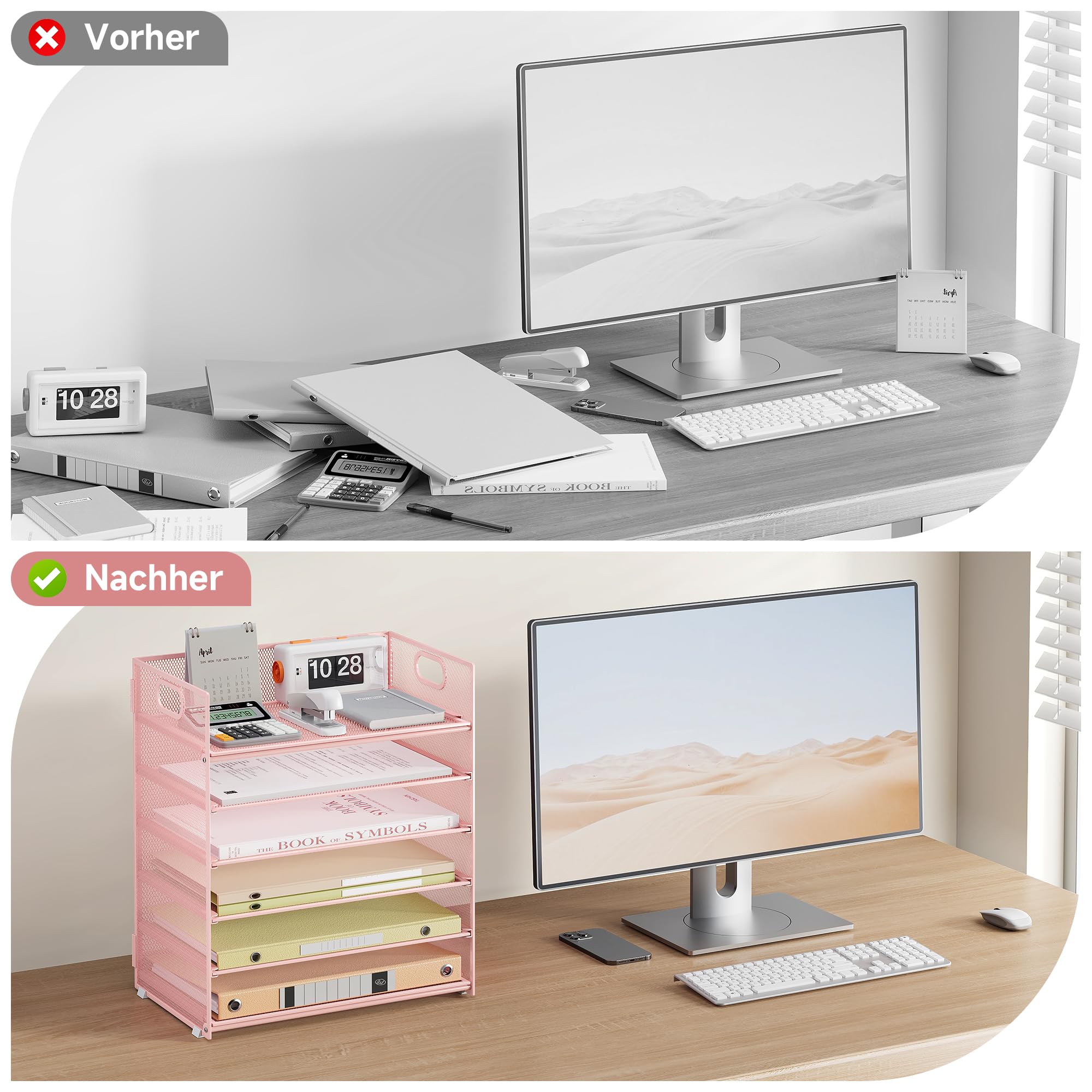 VITVITI Schreibtisch Organizer, 6 Ebenen Briefablage, Stapelbare Aktenhalter, Ablagefächer mit Griff, Bürobedarf für A4 Dokumentenablag, Papier, Buch, Magazin (Rosa)