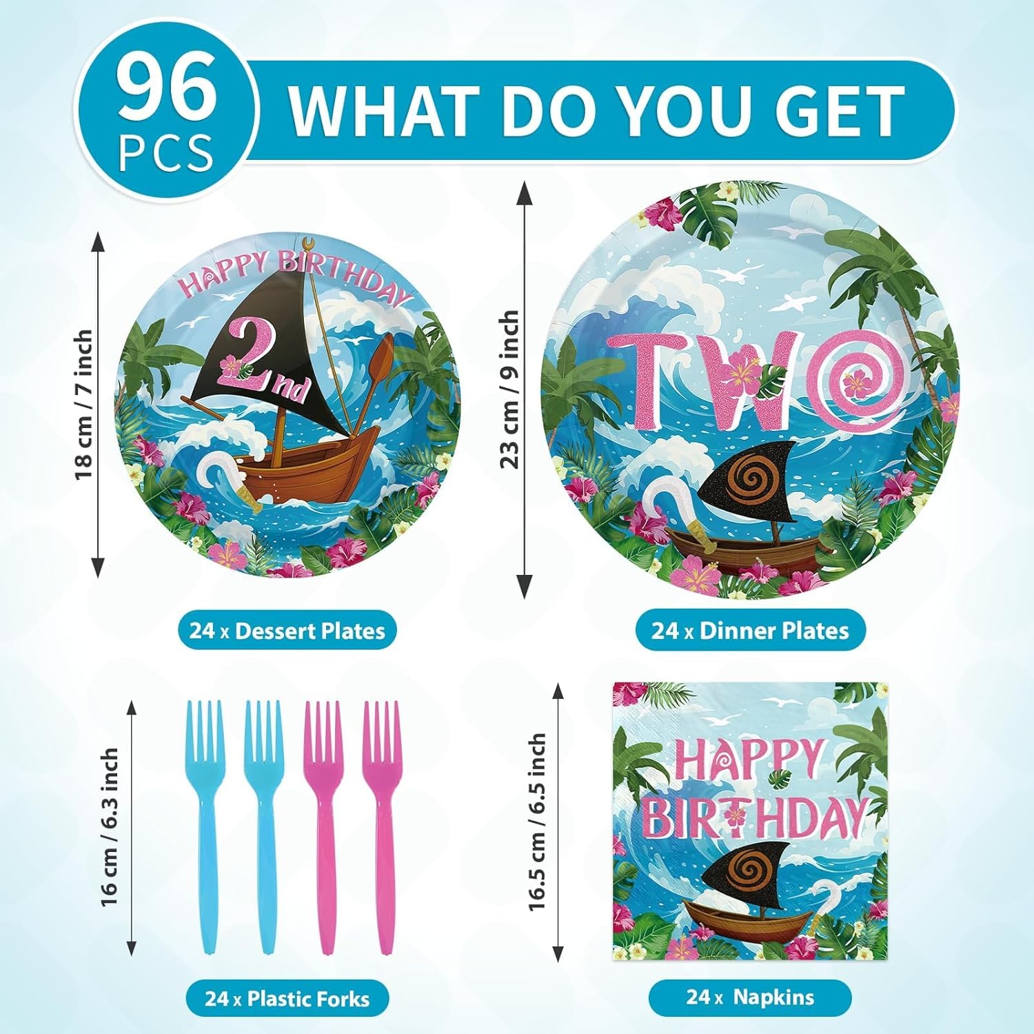 96 Pcs Mna Two Party Supplies Mo Second Birthday Plates and Napkins Hawaiian Luau Theme Tableware Set for Girls Boys Tropical Luau Summer 2nd Birthday Party Supplies, Serves 24