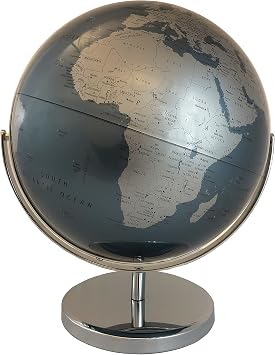 Madrid 12" Diameter Up to Date Cartography, with Blue Acrylic Globe Ball and Sturdy Chrome Base. The 12 Diameter Madrid Blue Ocean World Globe is both majestic and enlightening. This globe features a clear-coated metallic blue ocean globe ball with silver land masses and easy to read black text for country, city and border demarcations. This modern globe ball is held by a robust chrome base meridian.