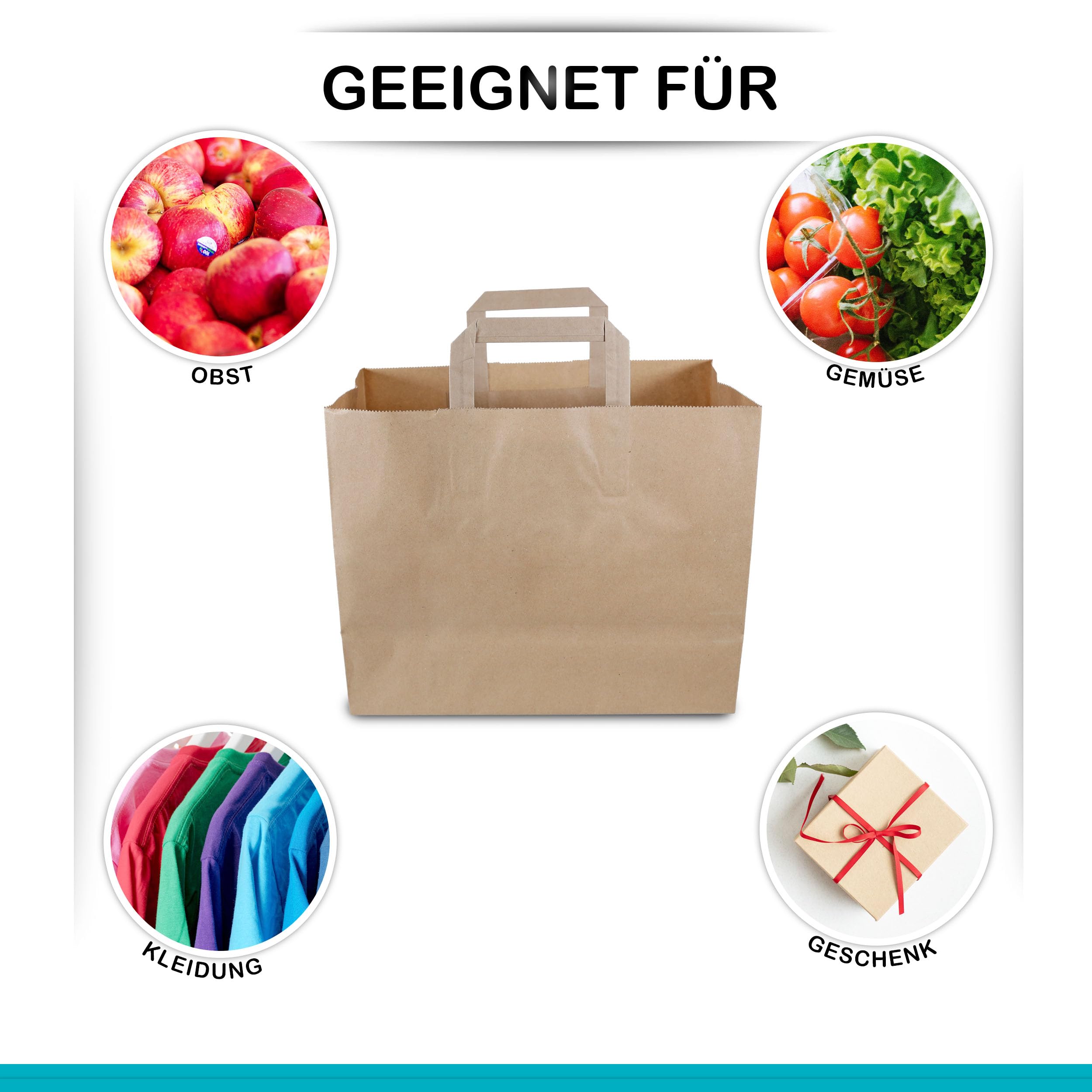 Commerline Bolsas de papel con asa, 32 × 17 × 27 cm, 500 unidades | Bolsas de papel kraft marrón con asas planas para panadería, venta al por menor, catering y restauración