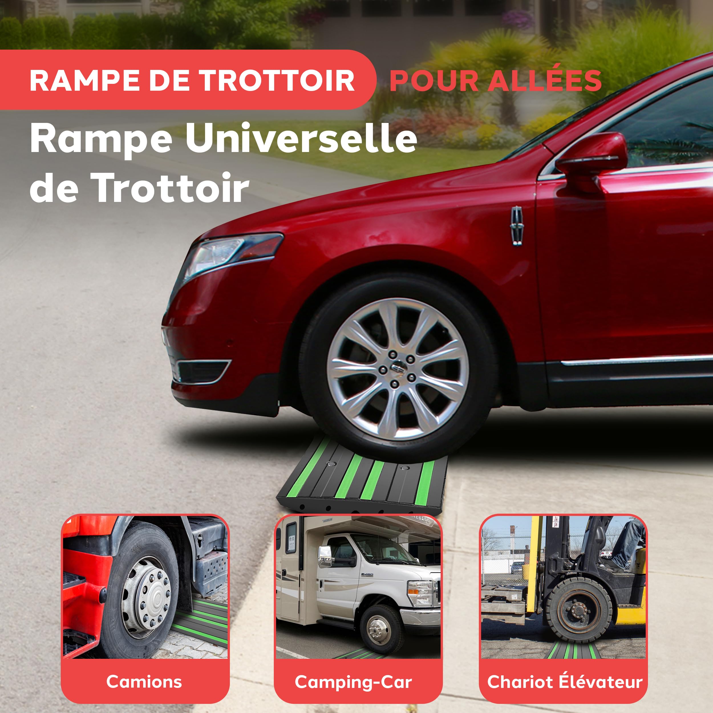Pyle Rampe de Bordure en Caoutchouc (2)– Ramp de Seuil Antidérapante Imperméable, Bandes Réfléchissantes Vertes, Usage Intensif pour Voiture, Camion, Camping-Car, Chariot Élévateur, Garage et Trottoir