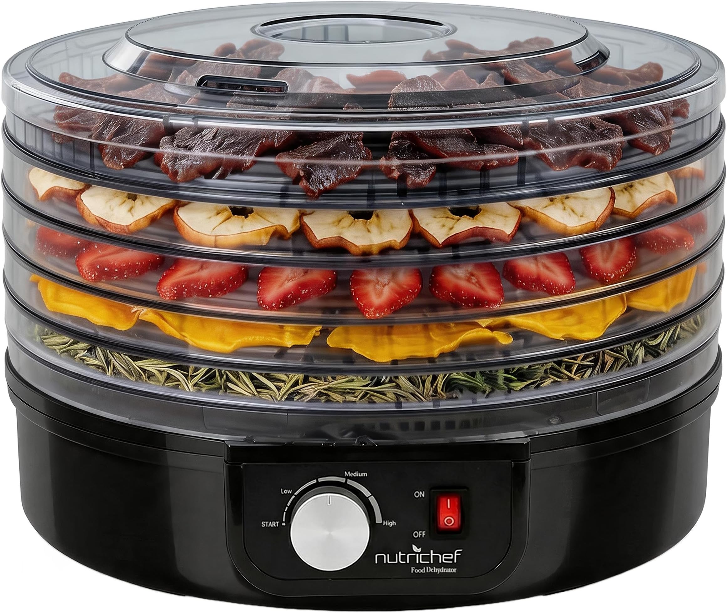 Nutrichef Electric Countertop Food Dehydrator | Professional Multi-Tier Food Preserver | Dehydrate Fish, Beef Jerky, Meats, Mushrooms, Fruits & Vegetables | 5 Stackable Trays for Easy Cleaning
