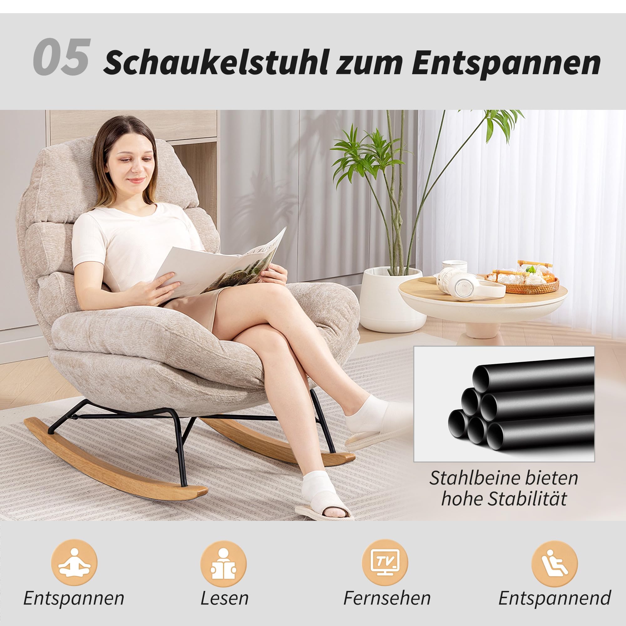 HOMCOM Schaukelstuhl Schaukelsessel mit Rückenlehne Schneidersitz Sessel, gepolstert Relaxsessel mit Chenille-Optik, Holzgestell Schwingsessel, Lesesessel für Wohnzimmer, Cremeweiß