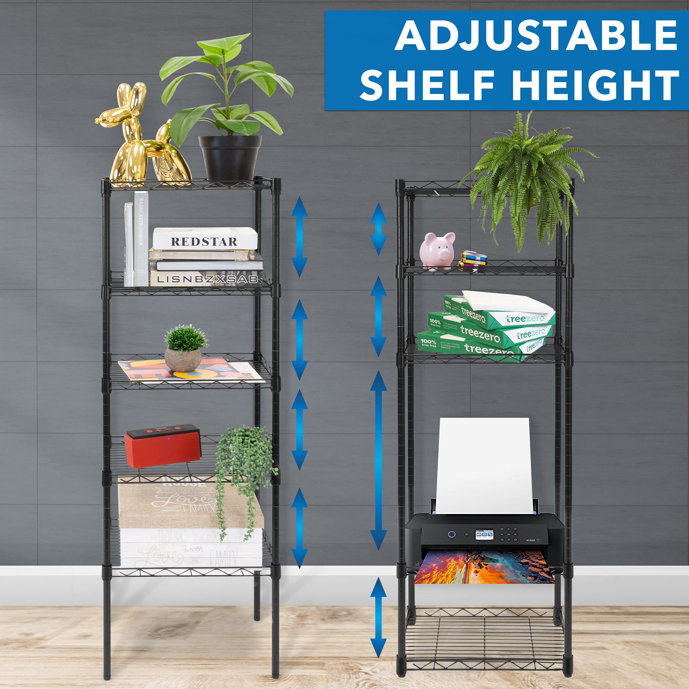 Scaffale regolabile in metallo con 5 ripiani per cucina, ufficio, garage, resistente e robusto, ideale per casa e spazio di lavoro, 70 x 40 cm, ripiano regolabile in altezza