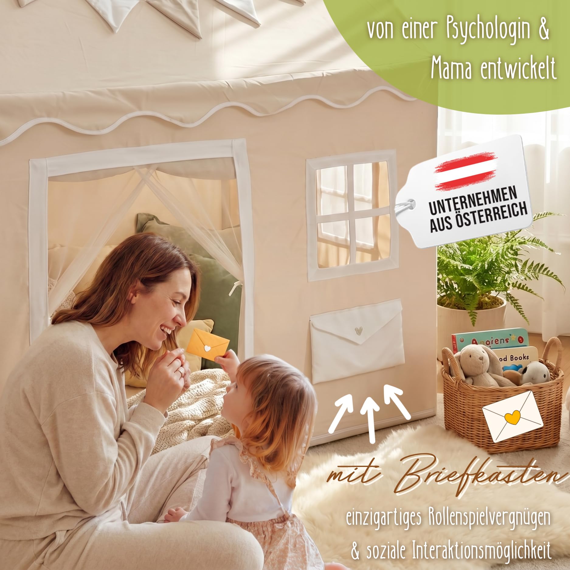 LIONHERZ® DAS ORIGINAL Spielhaus mit Briefkasten für Kinder | Indoor Spielzelt mit Matte & Wimpelkette | Kinderspielhaus mit 3 Fenstern & blickdichtem Türvorhang | Hauszelt Kinderzimmer (Cremeweiß)