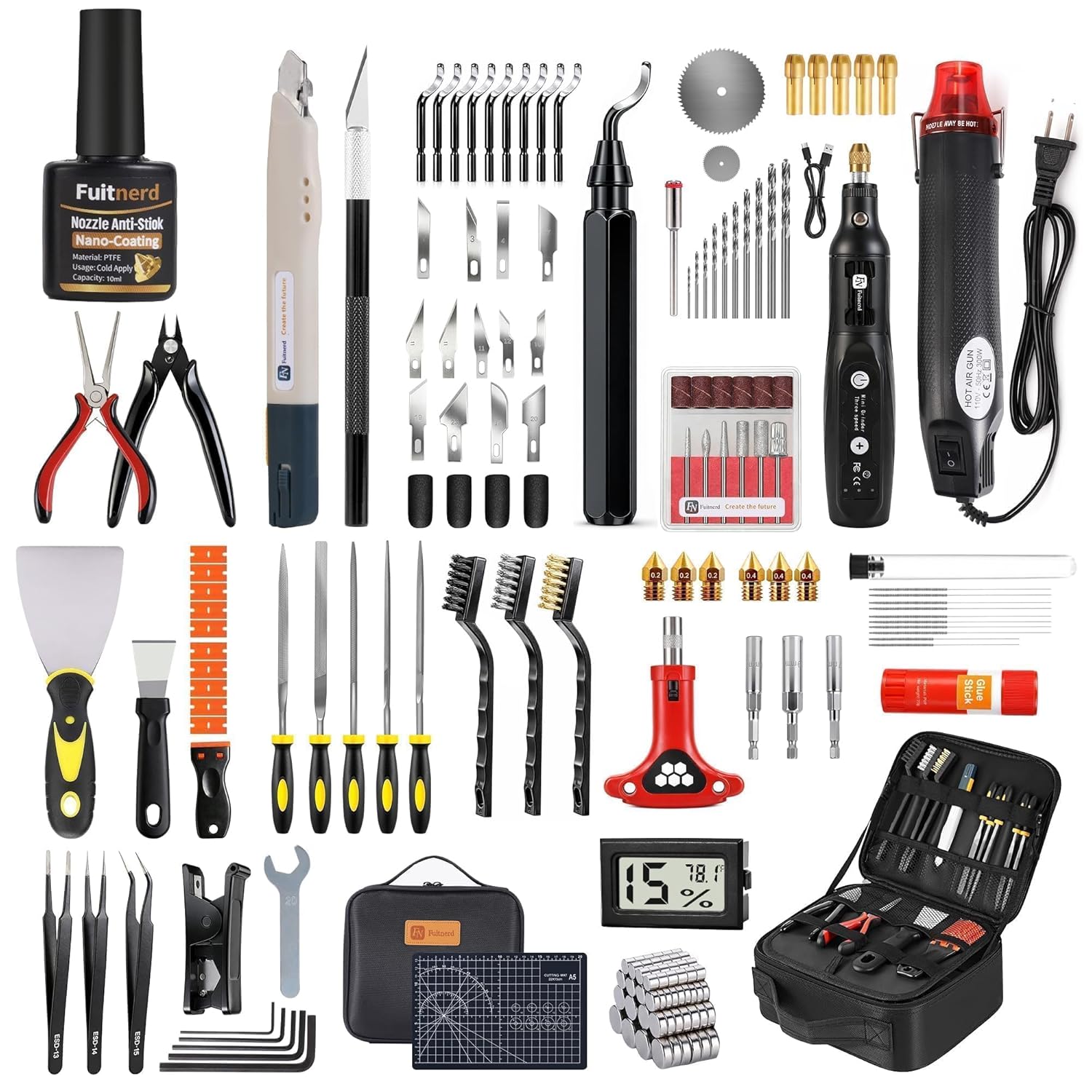 142Pcs 3D Printer Tool Kit & Accessories, 4-Layer Slotted Case, Cordless Rotary Tool, Heat Gun, PTFE Nozzle Anti-Stick & Cleaning Kit, Deburring Tool for Bambu Lab, Flashforge, Ender 3, Anycubic, etc.
