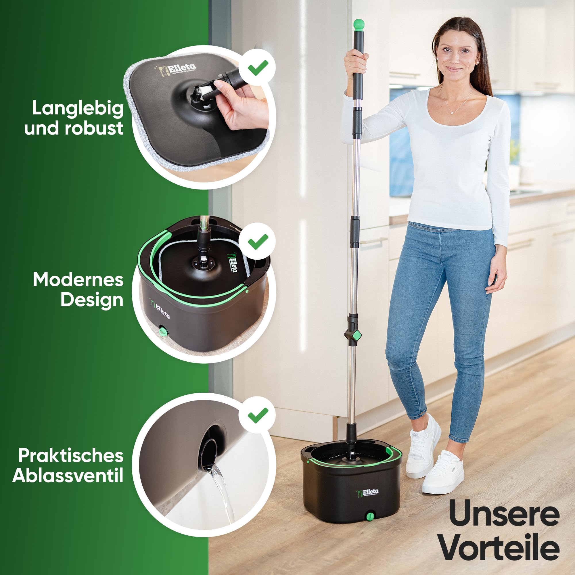 Wischmopp Set mit Eimer - 360° drehbarer Wischer für den Boden, Bodenwischer Mop Set & Wischeimer | Innovative Mikrofaser-Pads als Staub- & Schmutzmagnet, Wischmop & Putzeimer mit 2-Kammer-System