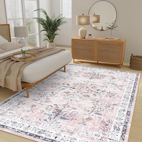 LIVEBOX Washable 8x10 Boho Floral Rug in Soft Pink