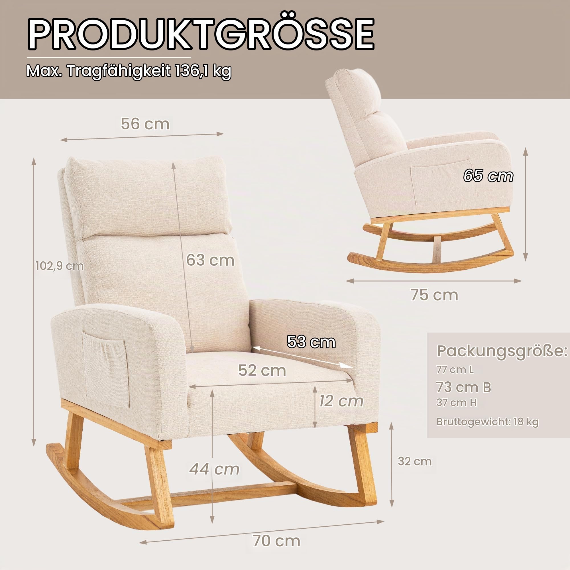 Schaukelstuhl Stillsessel Schaukelsessel, Gepolsterter Stillstuhl mit Holzbeinen & Seitentaschen, Hochlehner Schaukelstuhl zum Stillen für Wohnzimmer, Schlafzimmer und Babyzimmer (Beige-linen)