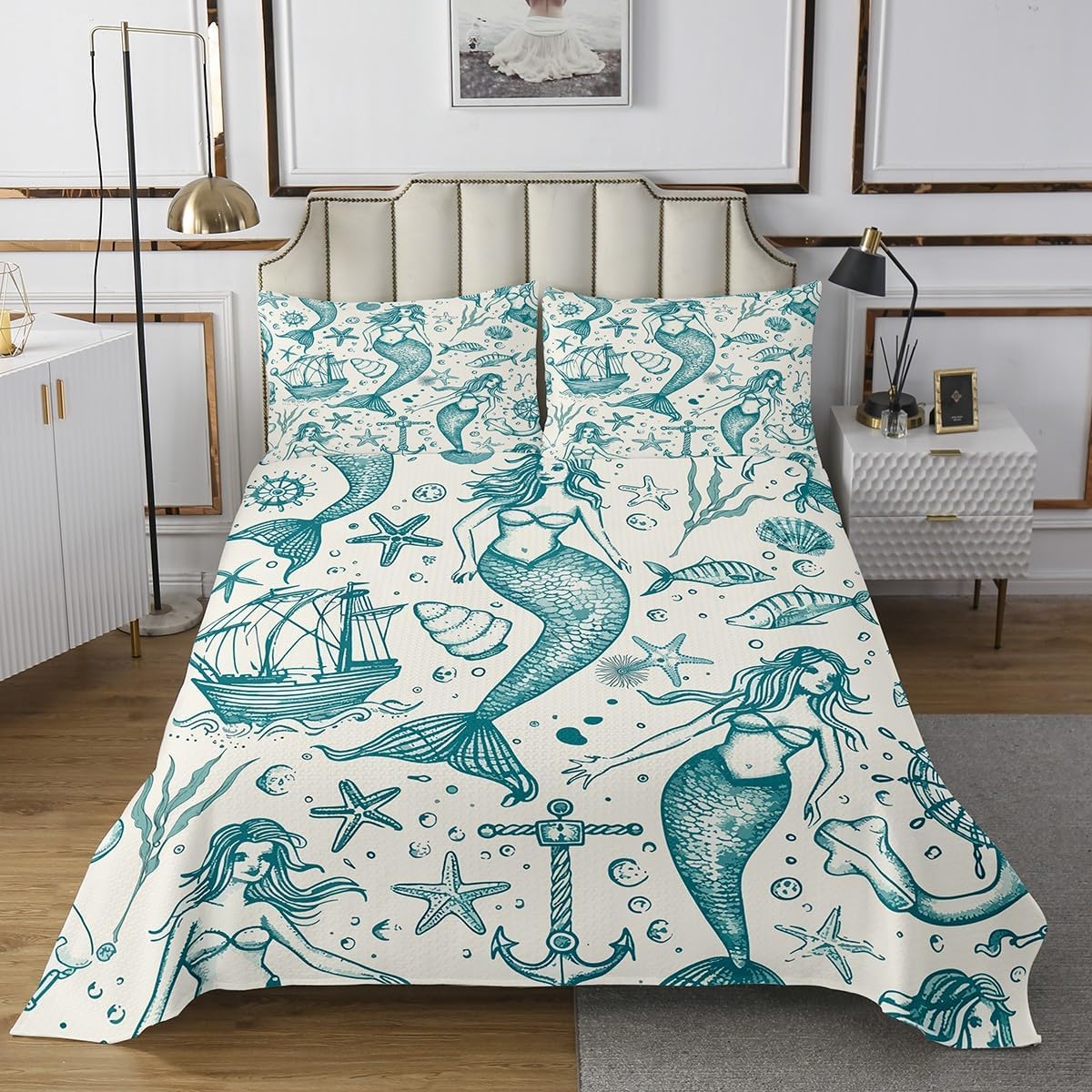 Castle Fairy Mermaid Bedspread Twin Size,Ship Anchor Sealife Bedding Sets 2Pcs for Kids Girls Boys Room Decor,Adventure Discovery Theme Comforter Set Vintage Abstract Quilt Coverlet,1 Pillowcase
