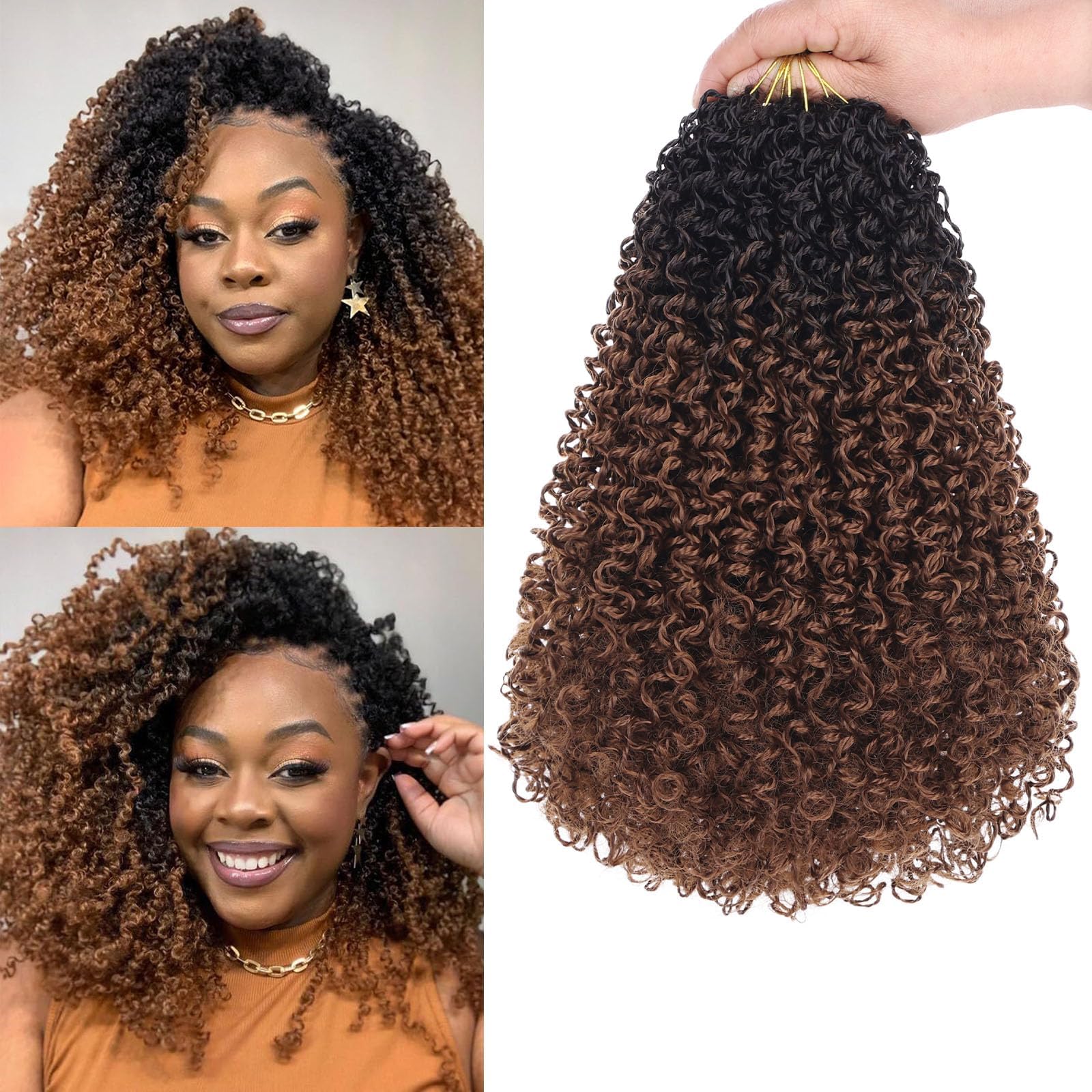 Yanky Twist Crochet Hair 8 Packs Ombre Brown Spring Twist Hair Extensions 12 Inch Short Pre-twisted Mini Curly Twist Crochet Synthetic Braids Passion Twists Crochet Hair for Women (#1B/30)