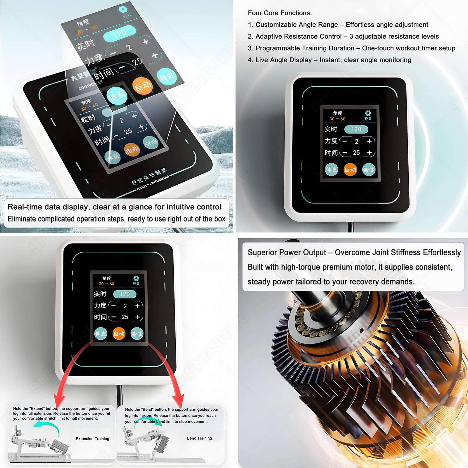Urządzenie Smart Knee CPM do rehabilitacji pooperacyjnej | Ręczny/Automatyczny,szeroki zakres kątów 0°–140°,trening zginania i prostowania kolan,regulowany kąt i czas treningu