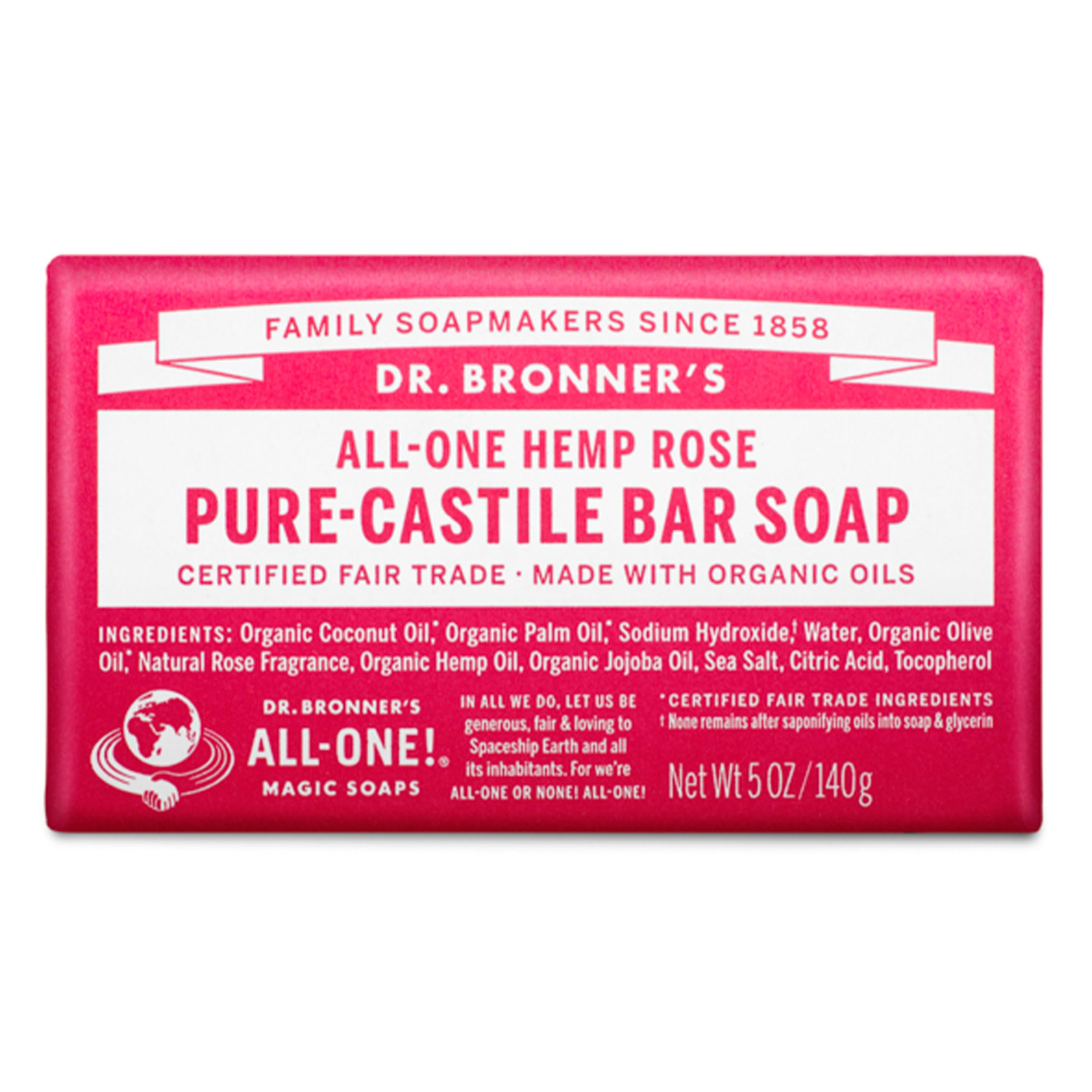 Dr Bronner's 3-in-1 Rose Pure Castile Bar Soap, Made with Organic Oils and No Synthetic Preservatives, Used for Body, Face and Hair, Fair Trade Certified & Vegan Friendly, 140g Bar