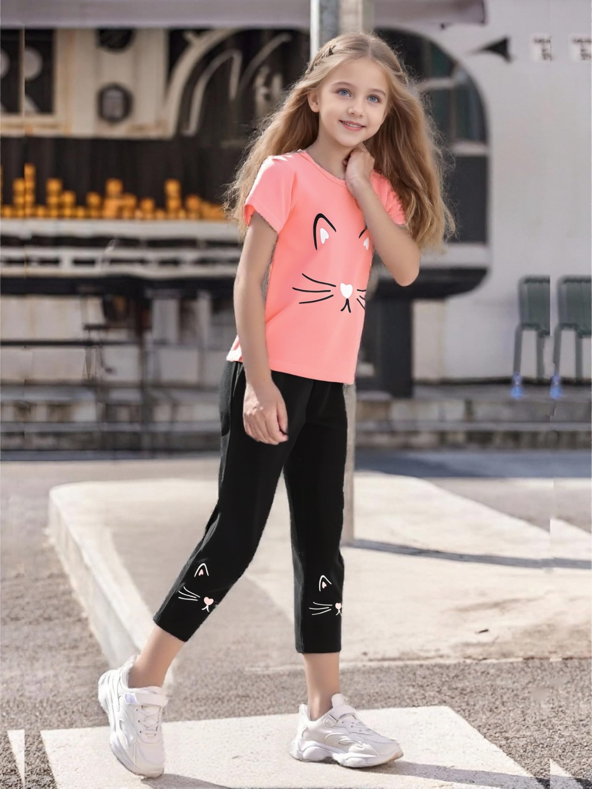 Conjunto de 2 piezas de ropa para niña pequeña de 4 a 8 años, con estampado de cara de gato, camiseta de manga corta y pantalones, para primavera y verano