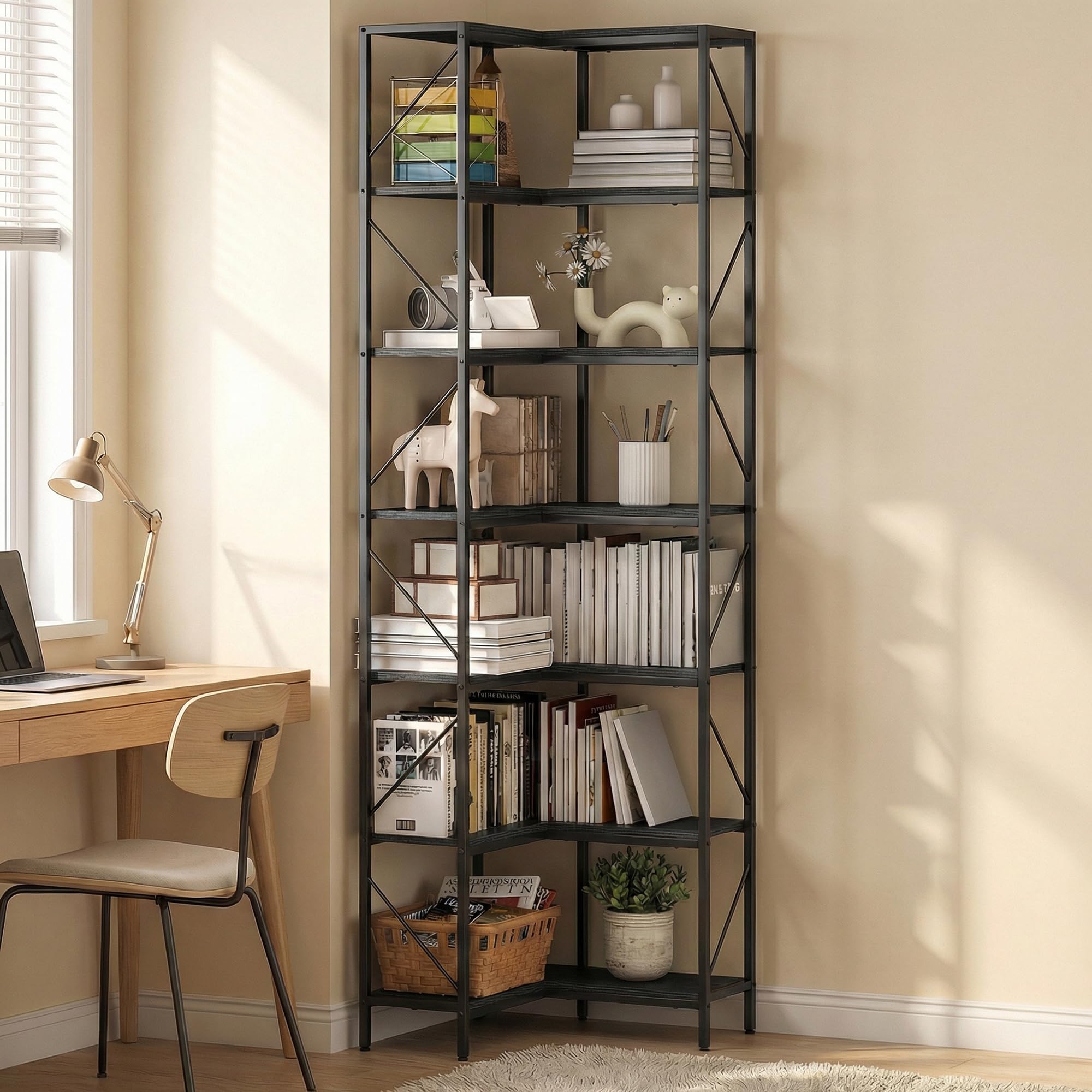 HOMCOM Libreria ad Angolo a 7 Ripiani 60x60x198 cm Nero | Libreria Angolare, Scaffale Salvaspazio Slim, Scaffale Portaoggetti Industriale, per Soggiorno, Camera da Letto, Ufficio